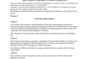 Ordinance No. 03/2008/UBTVQH12 of January 01, 2008, on the Vietnam Coast Guard.