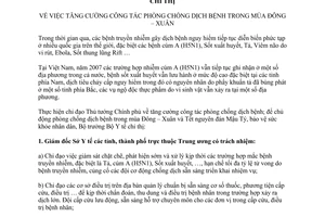 Chỉ thị 03/2008/CT-BYT tăng cường công tác phòng chống dịch bệnh mùa Đông - Xuân