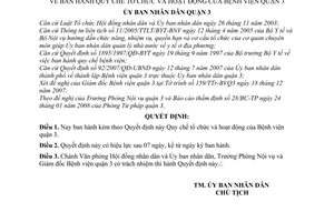 Quyết định  01/2008/QĐ-UBND  quy chế tổ chức và hoạt động của bệnh viện quận 3