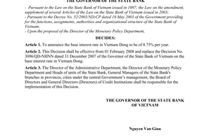 Decision No. 305/QD-NHNN of January 30, 2008, on the adjustment of base interest rate in Vietnam Dong.