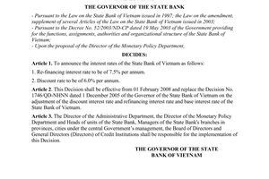 Decision No. 306/QD-NHNN of January 30, 2008, on the adjustment of the refinancing interest rate and discount interest rate.