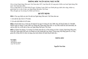 Quyết định  306/QĐ-NHNN  điều chỉnh lãi suất tái cấp vốn và lãi suất chiết khấu