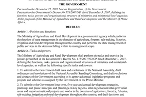 Decree of Government No. 01/2008/ND-CP of January 03, 2008 defining the functions, tasks, powers and organizational structure of The Ministry Of Agriculture and Rural Development