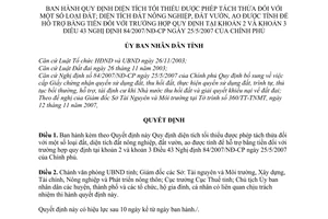 Quyết định 01/2008/QĐ-UBND quy định diện tích tối thiểu được phép tách thửa đối với loại đất; diện tích đất nông nghiệp NĐ 84/2007/NĐ-CP