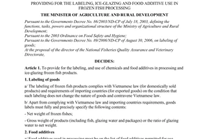 Decision No. 01/2008/QD-BNN of January 4, 2008, providing for the labeling, ice-glazing and food additive use in frozen fish processing.