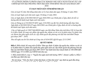 Quyết định 06/2008/QĐ-UBND điều chỉnh phân cấp thu chi tỷ lệ phân chia ngân sách Bình Thuận 2007-2010