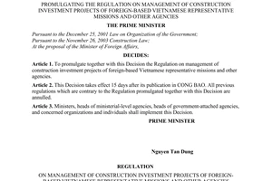 Decision No. 02/2008/QD-TTg of January 7, 2008, promulgating the regulation on management of construction investment projects of foreign-based Vietnamese representative missions and other agencies.