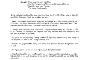 Công văn 208/TTg-QHQT  thành lập Đoàn đàm phán dự án do Ngân hàng Thế giới tài trợ