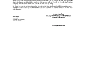 Công văn  1512/BCT-ĐB Mẫu dấu và chữ ký chứng nhận xuất xứ Form D và Form E của Thái Lan