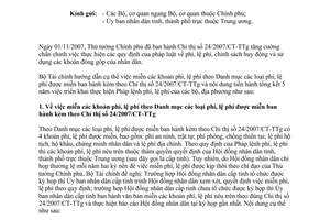 Công văn  2091/BTC-CST  triển khai thực hiện CT 24/2007/CT-TTg  lĩnh vực phí, lệ phí