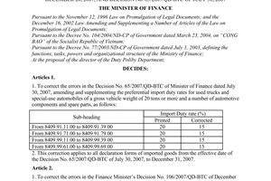 Decision No.211/QD-BTC of February 01, 2008 correcting the finance minister’s Decision No. 106/2007/QD-BTC of December 20, 2007, and Decision No. 65/2007/QD-BTC of July 30, 2007