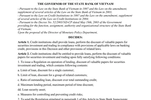 Decision No. 03/2008/QD-NHNN of February 1, 2008, on the lending, discount of valuable papers for securities investment and trading.