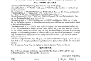 Quyết định  1774/QĐ-CT-THNVDT  bổ sung, điều chỉnh bảng giá tối thiểu các loại xe ô tô