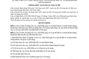 Quyết định  03/2008/QĐ-NHNN cho vay, chiết khấu giấy tờ có giá để đầu tư và kinh doanh chứng khoán