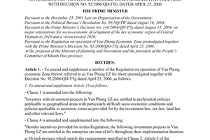 Decision No. 21/2008/QD-TTg of  February 04, 2008 amending and supplementing a number of articles of the regulation on operation of Van Phong economic zone promulgated together with Decision No. 92/2006/QD-TTg dated April 25, 2006