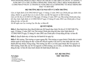 Quyết định  229/QĐ-BTNMT  kế hoạch thực hiện CT 32/2007/QĐ-TTg và thực hiện NĐ 12/2002/NĐ-CP  hoạt động đo đạc và bản đồ