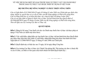 Quyết định 32/2008/QĐ-BNN  bổ sung loại thuốc bảo vệ thực vật vào Danh mục thuốc bảo vệ thực vật được phép sử dụng ở Việt Nam