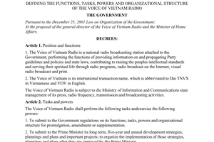 Decree No. 16/2008/ND-CP of February 4, 2008, defining the functions, tasks, powers and organizational structure of the voice of Vietnam radio.
