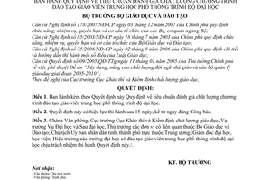 Quyết định  03/2008/QĐ-BGDĐT quy định tiêu chuẩn đánh giá chất lượng chương trình đào tạo giáo viên trung học phổ thông trình độ đại học