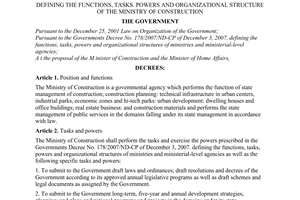 Decree No. 17/2008/ND-CP of February 4, 2008, defining the functions, tasks. powers and organizational structure of the Ministry of Construction.