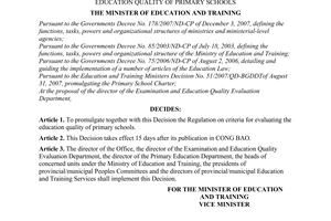 Decision No. 04/2008/QD-BGDDT of February 4, 2008, promulgating the regulation on criteria for evaluating the education quality of primary schools.