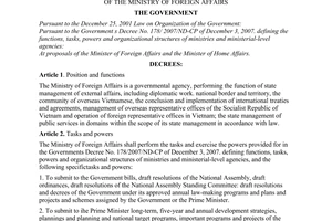 Decree No. 15/2008/ND-CP of February 4, 2008, defining the functions, tasks, powers and organizational structure of the Ministry of Foreign Affairs.