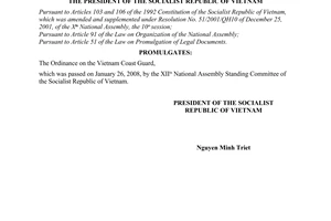 Order No. 01/2008/L-CTN of February 5, 2008, on promulgation of Ordinance.