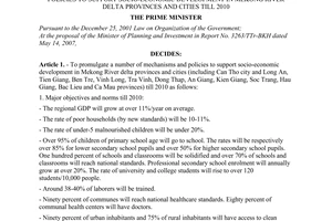 Decision No.26/2008/QD-TTg of February 05, 2008 promulgating a number of mechanisms and policies to support socio-policies to support socio-economic development in Mekong river delta provinces and cities till 2010