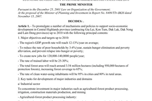 Decision No.25/2008/QD-TTg of February 05, 2008 promulgating a number of mechanisms and policies to support socio-economic development in central highlands provinces till 2010
