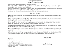 Quyết định  175/QĐ-TTg  bổ nhiệm chức vụ Trưởng ban, Phó trưởng ban Ban Chỉ đạo Quốc gia kỷ niệm 1000 năm Thăng Long