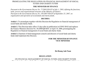 Decision No. 10/2008/QD-BTC of February 12, 2008, promulgating the regulation on financial management of social funds and charity funds.