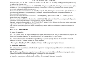 Circular No. 16/2008/TT-BTC of February 13, 2008, guiding the import and temporary import of motorcycles for non-commercial purpose.