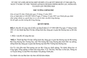 Quyết định 28/2008/QĐ-TTg thành lập Ban Chỉ đạo chống buôn lậu, hàng giả và gian lận thương mại sửa đổi QĐ 127/2001/QĐ-TTg
