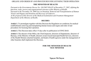 Decision No. 08/2008/QD-BYT of February 14, 2008, promulgating the regulation on conditions for medical establishments removing and transplanting human tissues and organs and order of and procedures for licensing their operation.