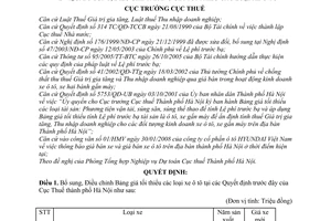 Quyết định 1938/QĐ-CT-THNVDT  bổ sung, điều chỉnh bảng giá tối thiểu các loại xe ô tô
