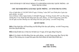 Quyết định  06/QĐ-HĐGDQPANTW  Quy chế hoạt động của Hội đồng Giáo dục quốc phòng - an ninh Trung ương