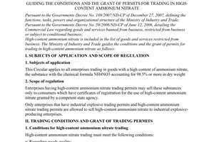 Circular No. 02/2008/TT-BCT of February 19, 2008, guiding the conditions and the grant of permits for trading in high-content ammonium nitrate.