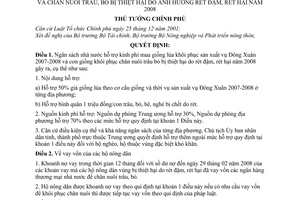 Quyết định 201/QĐ-TTg chính sách hỗ trợ khôi phục sản xuất lúa vụ đông xuân 2007 - 2008 và chăn nuôi trâu, bò bị thiệt hại do rét 2008