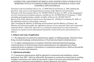 Circular No. 05/2008/TT-BXD of February 22, 2008, guiding the adjustment of prices and construction contracts in response to fluctuations in prices of raw materials, fuels and construction materials.