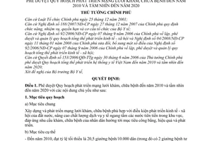 Quyết định  30/2008/QĐ-TTg  phê duyệt quy hoạch phát triển mạng lưới khám, chữa bệnh đến  2010 và tầm nhìn đến 2020