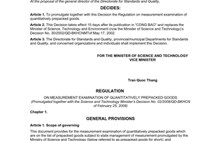 Decision No. 02/2008/QD-BKHCN of February 25, 2008, promulgating the regulation on measurement examination of quantitatively prepacked goods