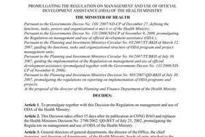 Decision No. 11/2008/QD-BYT of February 26, 2008, promulgating the regulation on management and use of Official Development Assistance (ODA) of the Health Ministry.