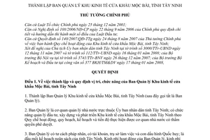 Quyết định  236/QĐ-TTg  thành lập Ban Quản lý Khu kinh tế cửa khẩu Mộc Bài, tỉnh Tây Ninh