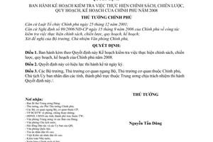 Quyết định  243/QĐ-TTg kế hoạch kiểm tra việc thực hiện chính sách, chiến lược, quy hoạch, kế hoạch của Chính phủ 2008