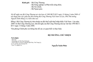 Công văn  1724/VPCP-QHQT ký thỏa thuận ưu đãi thuế suất thuế nhập khẩu hàng hóa Việt-Lào