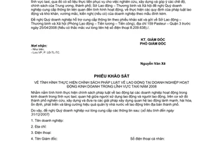 Công văn 1532/SLĐTBXH-LĐ khảo sát doanh nghiệp hoạt động kinh doanh, dịch vụ taxi