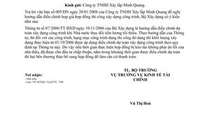 Công văn 28/BXD-KTTC điều chỉnh hợp giá hợp đồng thi công xây dựng công trình