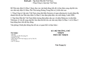 Công văn  1520/VPCP-DK  tiến độ nhà máy điện Cà Mau 2 và cung cấp khí cho các nhà máy điện Cà Mau