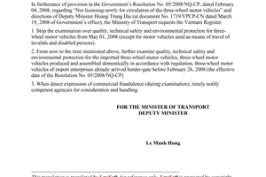 Official Dispatch No.1762/BGTVT-VT examination over quality three-wheel motor vehicles