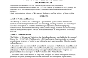 Decree of Government No.28/2008/ND-CP of March 14, 2008 defining the functions, tasks, powers and organizational structure of the ministry of science and technology